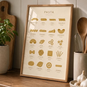 May include: A framed rectangular poster titled PASTA featuring gold-coloured illustrations of various pasta shapes including penne, fusilli, and spaghetti, each labelled with its name and cooking time in minutes on a light cream-coloured background.
