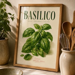 May include: A framed wall art print featuring a botanical illustration of a green basil plant on a cream background. The text reads BASILICO, FRESCO PROFUMATO ITALIANO, and L'essenza dell'estate italiana in dark green and red script lettering.