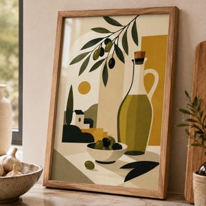 Può includere: Una stampa artistica incorniciata con un'illustrazione di ispirazione mediterranea che raffigura una caraffa di vetro con olio d'oliva, una ciotola di olive e un ramo d'ulivo. La palette di colori include verde oliva, giallo senape, crema e marrone.