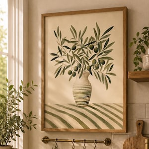 Olijftak kunst aan de muur, mediterrane keuken print, olijfboom aquarel poster, Italiaanse boerderij decor, botanische kunst