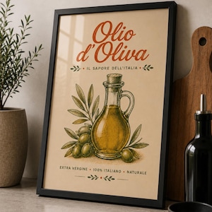 Könnte beinhalten: Ein gerahmter Kunstdruck mit einer Illustration im Vintage-Stil, die eine Glaskaraffe mit goldenem Olivenöl und Olivenzweigen zeigt. Der Text lautet Olio d'Oliva, IL SAPORE DELL'ITALIA sowie EXTRA VERGINE 100% ITALIANO NATURALE.