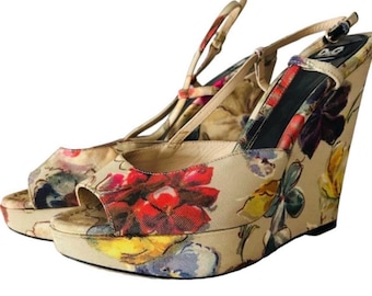 Oryginalne, vintage'owe koturny „Dolce & Gabbana” w rozmiarze 4 z kwiatowym wzorem