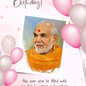 Peut inclure: Une carte de vœux d'anniversaire avec le portrait d'un homme âgé à barbe blanche portant des robes orange et un tilak rouge sur le front. La carte contient le texte Happy Birthday! et May your year be filled with abundant happiness and sunshine.