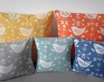 Cushions/Covers Handmade in Fryetts' Scandi Bird Fabrics - 16x16" 10x10" - Blue Seafoam Ochre Orange - Other Sizes Available - Made in UK