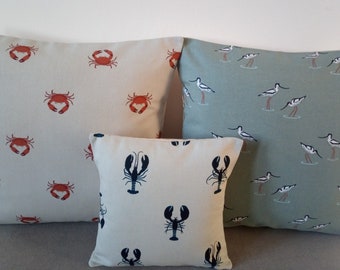 Cushions/Covers Handmade in Sophie Allport Coastal Fabrics - Sea Birds Lobster Crab - 16x16" and 10x10" -Other Sizes Available -Made in UK