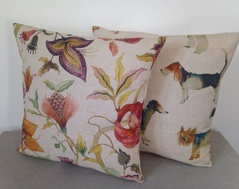 Designer Kissen/Bezüge handgefertigt in Leinen-Look Country Garden Stoff - Floral Wildblumen Bauernhunde - 40 x 40 cm - Made in UK