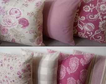 Coussins/housses faits main dans des tissus rose mûrier Geneviève -16 x 16" 10 x 10"-autres tailles disponibles-rayure cachemire floral uni-fabriqué au Royaume-Uni