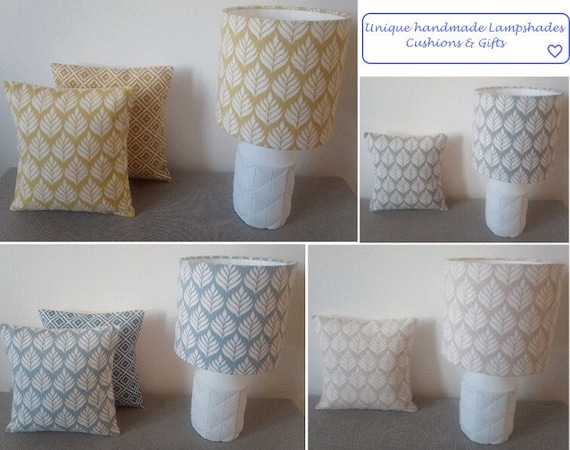 Drum Lampshades Handmade in Scandi Leaf Prints Pink Blue Grey