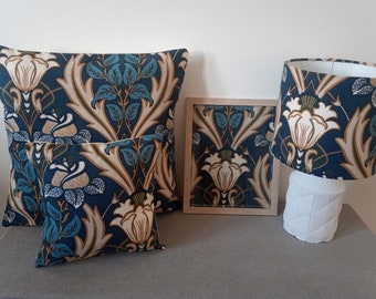 Drum Lampshades Handmade in Deluxe Fabric - Blue Gold - Matching Cushions & Other Accessories Available - Made in UK