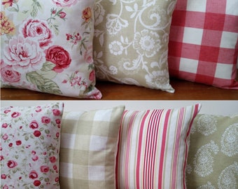 Cushions/Covers made in Genevieve Old Rose Pink Sage Green Fabric. - 16x16" and 10x10"- Other Sizes Available - Made in UK