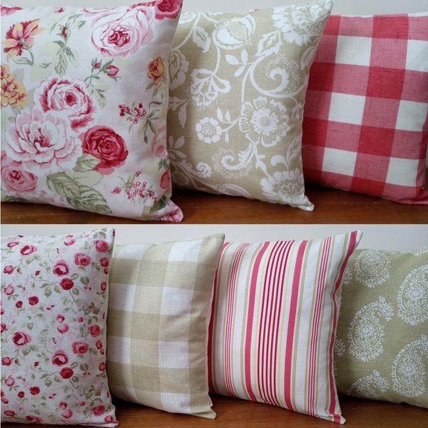 Cushions/Covers made in Genevieve Old Rose Pink Sage Green Fabric. - 16x16" and 10x10"- Other Sizes Available - Made in UK