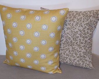 Cushions/Covers Handmade in Ochre Retro Flowers + Green Sprig Prints - 16" - Floral - Made in UK
