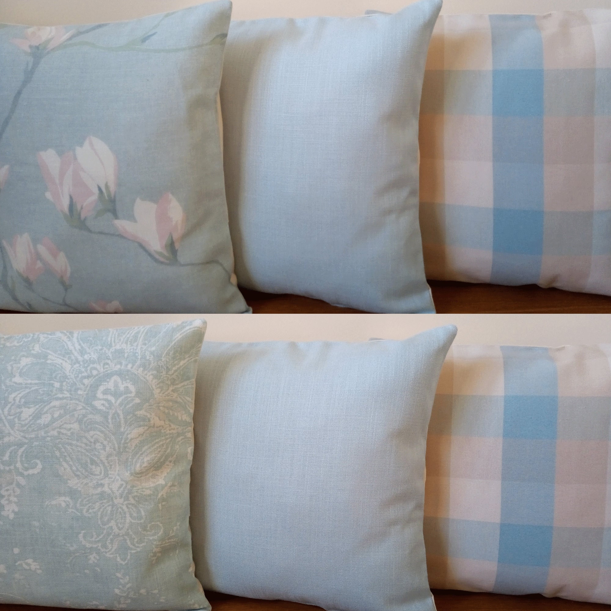 Laura Ashley Gingham Wisteria Duck Egg floral bolster Cushion Covers 12x16'' BN Laura Ashley Gingham Wisteria Duck Egg floral bolster Cushion Covers 12x16'' BN