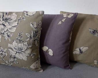 Cushions/Covers Handmade in Butterfly and Moth Fabrics - Green Purple Floral Garden - 16x16" - Made in UK