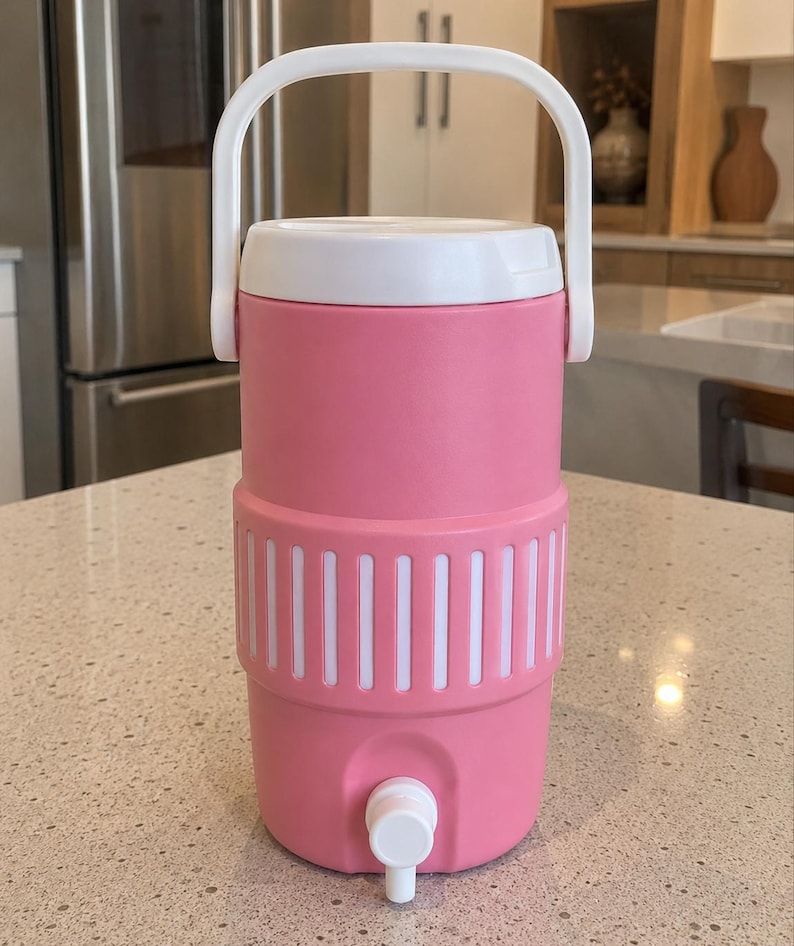 May include: A pink beverage cooler with a white lid and a white handle. The cylindrical container features a textured middle section with vertical white stripes and a white spigot at the bottom for dispensing liquids. The design is simple and functional.