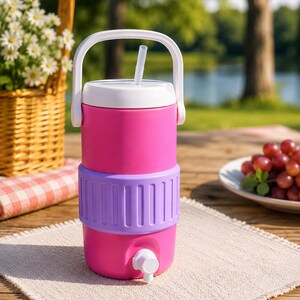 May include: A bright pink insulated beverage cooler with a white lid, a white carrying handle, and a white spigot at the base. The cooler features a wide, textured lavender band around the center and a clear plastic straw protruding from the top lid.