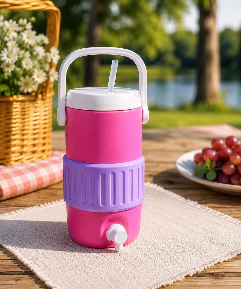 May include: A bright pink insulated beverage cooler with a white lid, a white carrying handle, and a white spigot at the base. The cooler features a wide, textured lavender band around the center and a clear plastic straw protruding from the top lid.