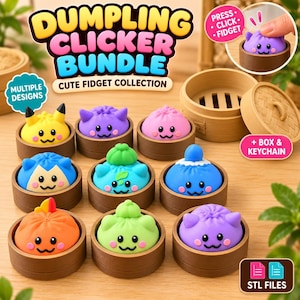May include: A Dumpling Clicker Bundle collection featuring multiple colorful, character-themed fidget toys shaped like dumplings, each resting in a small brown bamboo-style steamer basket. The set includes a box, keychain, and STL files.