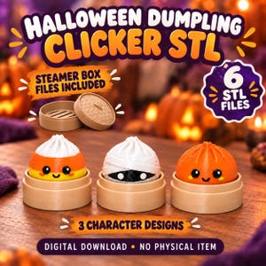 Puede incluir: Descarga digital de 6 archivos STL para 3 diseños de personajes de dumpling de Halloween. Incluye un dumpling de caramelo, uno de momia y uno de calabaza naranja, cada uno con su vaporera. El texto dice: HALLOWEEN DUMPLING CLICKER STL.