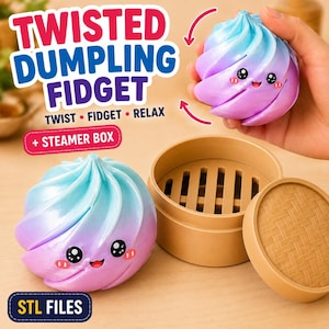 May include: A gradient blue and purple twisted dumpling fidget toy with a printed kawaii face, featuring large black eyes and a small smile. It is accompanied by a tan, circular, slatted steamer box with a matching lid. Text reads TWISTED DUMPLING FIDGET.
