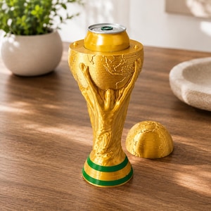May include: A gold-colored trophy-shaped beverage can cooler featuring a sculpted figure holding up a globe. The base has two horizontal green stripes. A separate matching gold-colored hemispherical lid sits to the right of the main cooler.
