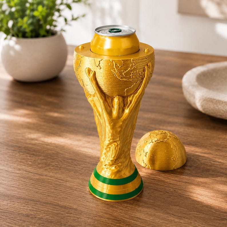 May include: A gold-colored trophy-shaped beverage can cooler featuring a sculpted figure holding up a globe. The base has two horizontal green stripes. A separate matching gold-colored hemispherical lid sits to the right of the main cooler.