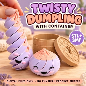 Op de afbeelding: Een 3D-geprint gedraaid dumpling-speeltje met een paars en perzik spiraalontwerp en een lachend gezicht, vergezeld van een beige container en deksel. Tekst: TWISTY DUMPLING WITH CONTAINER, STL + 3MF, DIGITAL FILES ONLY • NO PHYSICAL PRODUCT SHIPPED.