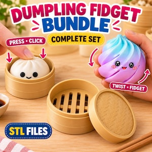 Puede incluir: Un conjunto de juguetes fidget de dumpling que incluye un dumpling blanco en una vaporera de bambú, un dumpling fidget giratorio con degradado azul y morado con cara sonriente, y una vaporera de bambú vacía con tapa. Texto: DUMPLING FIDGET BUNDLE, COMPLETE SET, PRESS CLICK, TWIST FIDGET, STL FILES.