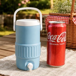 May include: A light blue beverage cooler with a white lid and a white carrying handle, featuring a white spigot at the base. Next to it stands a red aluminum can of Coca-Cola Original Taste, providing a clear visual scale for the cooler's size.