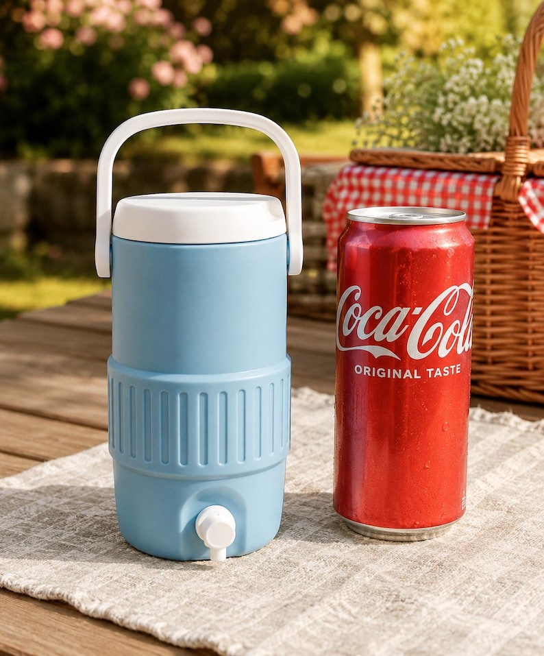 May include: A light blue beverage cooler with a white lid and a white carrying handle, featuring a white spigot at the base. Next to it stands a red aluminum can of Coca-Cola Original Taste, providing a clear visual scale for the cooler's size.