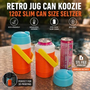 May include: Two retro jug can koozies designed for 12oz slim cans. One koozie is fully assembled with a blue lid, white middle, and orange base with a yellow handle. The other is open, holding a pink seltzer can. A separate blue lid sits nearby.