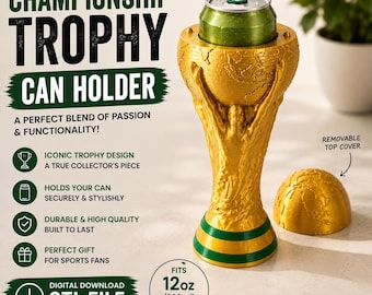 Soccer Trophy Can Cooler STL | Football Fan Can Holder | 16oz 473ml Beverage Sleeve | Championship Trophy Drink Holder | 3D Print File