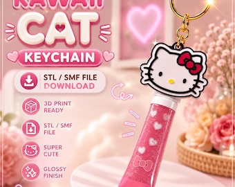 Cute Cat Keychain Cap STL File | Kawaii Bottle Cap Keychain | Pink Bow Keyring | Coquette Accessory | 3D Print Digital Download