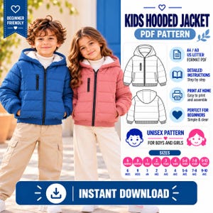 Puede incluir: Un patrón de costura PDF digital para una chaqueta con capucha para niños. La imagen muestra una chaqueta azul y una rosa, dibujos técnicos del frente y la espalda, y una tabla de tallas de 6 meses a 10 años. Texto: KIDS HOODED JACKET.