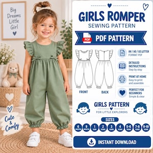 May include: A digital sewing pattern for a sage green romper featuring ruffled sleeves and small bows at the waist. The graphic includes technical line drawings of the front and back of the garment, text labels for PDF formats, and a size chart from 6 months to 10 years.