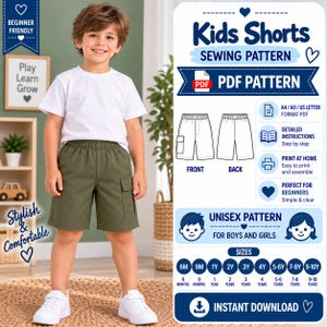 Może przedstawiać: Cyfrowy wykroj krawiecki na dziecięce szorty cargo, z białym t-shirtem i oliwkowozielonymi szortami. Grafika zawiera tekst: Kids Shorts SEWING PATTERN, PDF PATTERN, UNISEX PATTERN FOR BOYS AND GIRLS oraz opcje rozmiarów od 6M do 9-10Y.