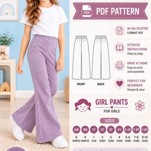 May include: A digital sewing pattern for wide-leg pants featuring text Girls' Wide-Leg Pants Sewing Pattern, PDF Pattern, and size options from 6 months to 10 years. The image displays a line drawing of the pants and soft corduroy fabric.