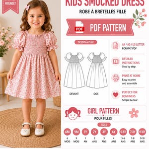 May include: A digital PDF sewing pattern for a kids smocked dress with puff sleeves and a floral print. The document includes technical line drawings for front and back views, step-by-step instructions, and a size range from 6 months to 10 years.
