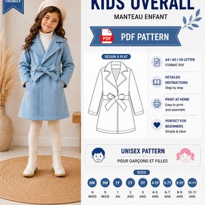 May include: A digital PDF sewing pattern for a kids' overall coat, featuring a light blue coat with a tie waist, a white turtleneck, and white boots. The graphic includes a line drawing of the coat, text labels, and size options from 6 months to 11 years.
