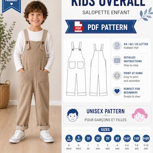 May include: A digital sewing pattern for a kids overall, featuring a beige corduroy overall with two front pockets and brown buttons. The image includes technical line drawings, text labels for sizes ranging from 6 months to 10 years, and a PDF download icon.