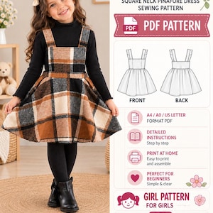 May include: A plaid pinafore dress sewing pattern in PDF format. The text reads Plaid Pinafore Dress, Square Neck Pinafore Dress Sewing Pattern, PDF Pattern, A4/A0/US Letter Format PDF, Detailed Instructions, Print at Home, Girl Pattern for Girls, and Instant Download.