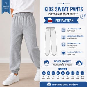 May include: A digital PDF sewing pattern for kids sweat pants featuring a grey sweat pant illustration, text reading KIDS SWEAT PANTS, PDF PATTERN, A4/A0/US LETTER, and a size chart ranging from 6 months to 10 years for this unisex garment.