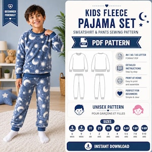 May include: A digital PDF sewing pattern for a kids fleece pajama set featuring a blue sweatshirt and pants with a white moon and star print. The pattern includes detailed instructions, print-at-home formats, and sizes ranging from 6 months to 10 years.
