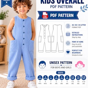 Mönster för barnoverall, PDF-mönster för jumpsuits, unisexmönster för barn
