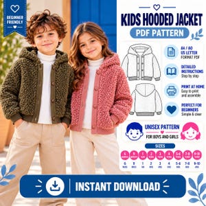 May include: A digital PDF sewing pattern for a kids hooded jacket. The image displays two children wearing olive green and dusty pink textured fleece jackets with button closures. Includes technical line drawings, size charts from 6 months to 10 years, and instructions for A4, A0, and US Letter printing formats.