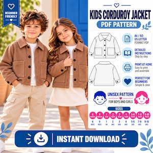 Könnte beinhalten: Ein digitales Schnittmuster für eine Kinderjacke aus Cord, mit einer braunen Cordjacke mit Kragen, Knöpfen und zwei Vordertaschen. Die Grafik enthält technische Strichzeichnungen, Textbeschriftungen, Größentabellen und einen Sofort-Download-Button.
