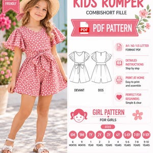 Op de afbeelding: Een digitaal PDF-naaipatroon voor een kinderromper van roze stof met witte stippen, voorzien van vlindermouwen en een strikceintuur. Het document bevat technische lijntekeningen van de voor- en achterkant, maattabellen van 6 maanden tot 10 jaar en instructies om thuis af te drukken in A4, A0 of US letter-formaat.