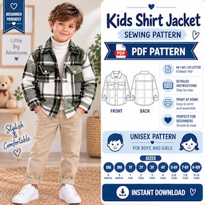 May include: A digital sewing pattern for a kids shirt jacket, featuring a green, white, and black plaid design. The image displays a child wearing the finished garment, alongside technical line drawings of the front and back, size charts from 6 months to 10 years, and text indicating a PDF format for instant download.