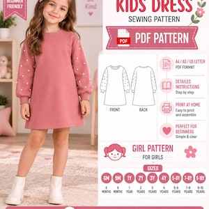 May include: A digital sewing pattern for a long-sleeved dress featuring pearl embellishments on the sleeves. The document includes front and back line drawings, instructions for A4, A0, and US Letter formats, and a size range from 6 months to 10 years.