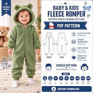 Puede incluir: Un patrón de costura digital para un mameluco de forro polar para bebés y niños con capucha y orejas de oso. El documento incluye un patrón en PDF, instrucciones detalladas paso a paso y tallas de 6 meses a 10 años. Diseño de una pieza verde.